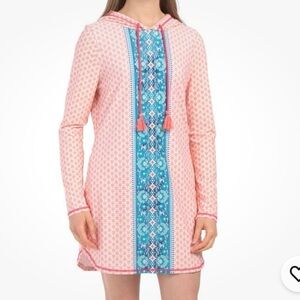 AQUA ET SOL Beach Coverup Dress Blue Orange Print Hooded Hoodie UPF 50+ Sz S‎
